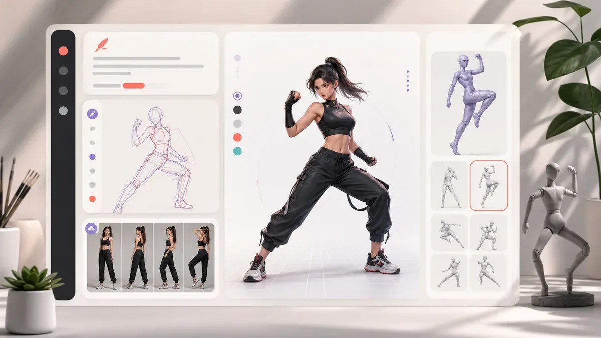 AI pose generator interface with character pose result